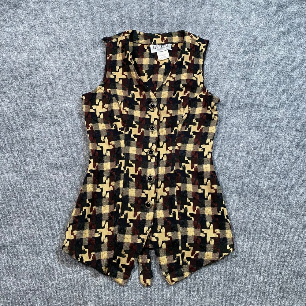 Vintage La Belle Fashions Houndstooth Tapestry Vest Burgundy Olive Size 3 USA